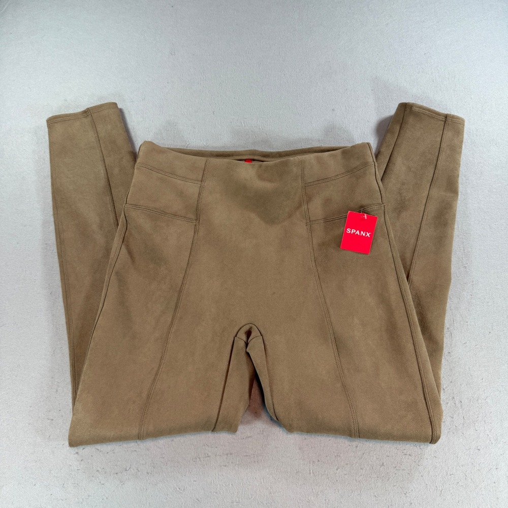 Spanx Women Faux Suede Leggings Camel Brown Large High Rise Seam Detail A399801